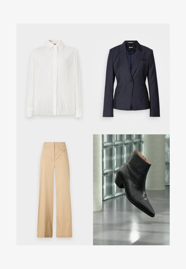 Blazer à rayures bleu marine foncé avec une fermeture à un bouton, des revers crantés et deux poches avant. Doublure intérieure lisse visible.; Chemise blanche plissée avec un col classique, des manches longues et une fermeture à boutons, présentant une texture douce et un léger brillant.; Pantalons larges beige en coton mélangé. Caractéristiques : texture lisse, taille élastique et détail à bouton sur le côté.; Bottine en cuir noir avec un bout pointu et un talon carré lévitant au-dessus d'un sol gris réfléchissant près d'un mur en blocs de verre.