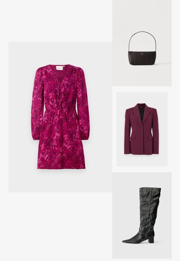 Maßgeschneiderter Damenblazer in Marderbraun mit schwarzer Fütterung, Revers mit Kerbe, zwei aufgesetzte Taschen vorne und zwei schwarze Knöpfe in der Mitte vorne.; Fuchsia Kleid mit langen, gepufften Ärmeln und tiefem V-Ausschnitt. Mit tailliertem Bund und einem floralen Muster in dunkleren Farbtönen.; Schwarze kniehohe Stiefel aus Leder mit spitzem Zehenbereich, weitem Schaft und Blockabsatz. Glatte Textur mit minimaler sichtbarer Naht.; Schwarze gewebte strukturierte Handtasche mit einem einzelnen Schulterriemen und kleinem goldfarbenem "BOSS"-Logo vorne mittig.