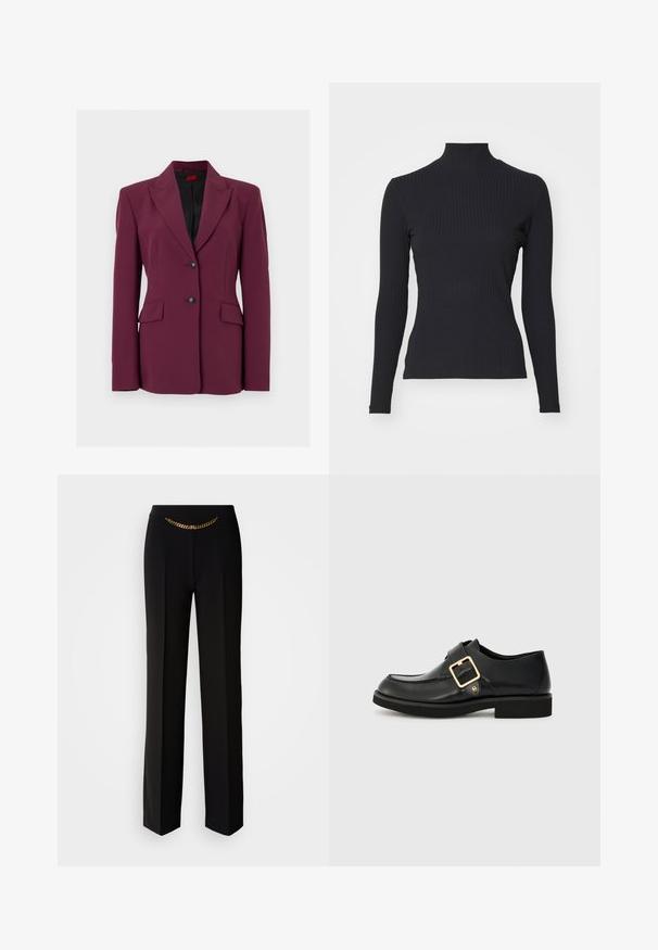 Dame skræddersyet mørkerød blazer med sort for, hakket revers, to forlommer med klapper og to sorte knapper foran i midten.; Sort ribbet turtle-sweater med lange ærmer. Lavet af strækbart stof med en tætsiddende pasform og høj krave. Enkel design uden udsmykninger.; MARCIANO BY GUESS ELLA CHAIN STRAIGHT PANTS - Bukser - black; Sort lædersko med rund tå, udstyret med en guldbuckle og en flad gummisål. Glat tekstur med diskrete syningsdetaljer.