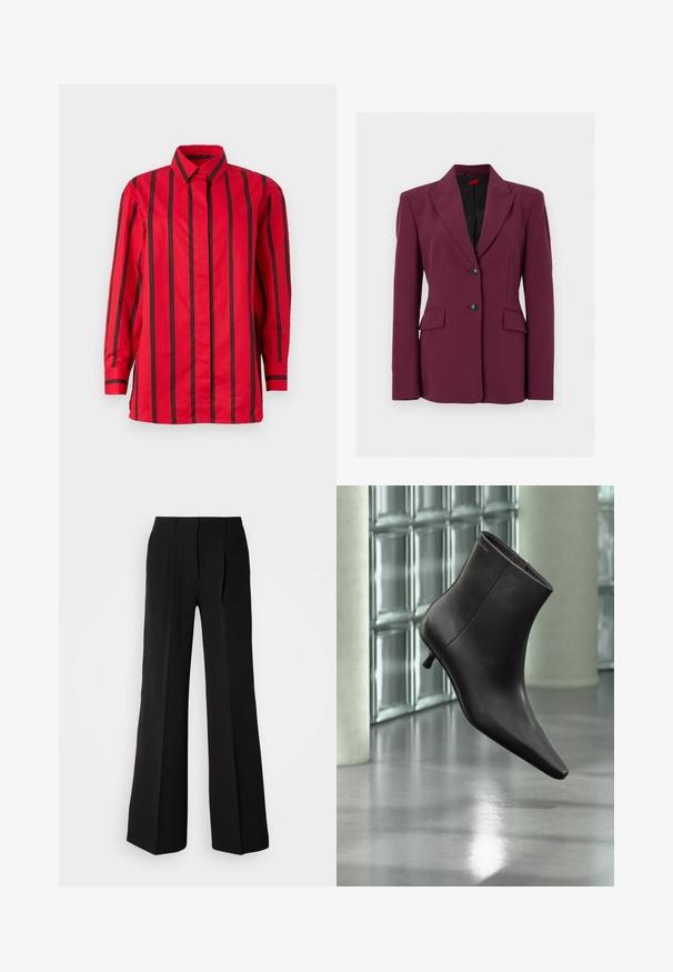 Blazer de mujer entallado color granate con forro negro, solapas con muesca, dos bolsillos frontales con solapa y dos botones negros en la parte delantera central.; Camisa roja de manga larga con botones, con rayas verticales negras y cuello puntiagudo, mostrada sobre un fondo liso.; Pantalones negros de tejido suave, con cintura alta, silueta de pierna ancha y dos pliegues frontales para añadir detalle de diseño.; Bota de cuero negro para el tobillo con puntera puntiaguda y tacón pequeño, exhibida frente a una pared de bloques de vidrio y un suelo pulido.