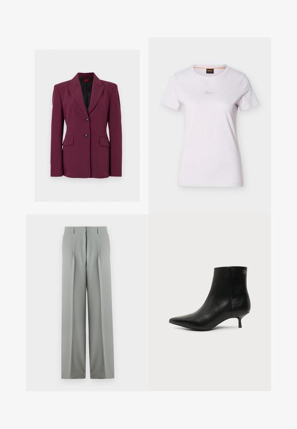 Dames op maat gemaakte kastanjebruine blazer met zwarte voering, notch revers, twee klepzakken aan de voorkant en twee zwarte knopen middenvoor.; Witte T-shirt met korte mouwen en ronde hals, met een klein cursief logo in het midden van de borst en een zwart label met oranje rand aan de binnenkant van de kraag.; Lichtgrijze wijde trousers van soepel materiaal, met een hoge taille, geplooide voorkant en twee achterzakken met riemlussen.; Zwart leren enkellaars met puntige neus en lage kittenhak op lichte achtergrond, zijaanzicht buitenkant.