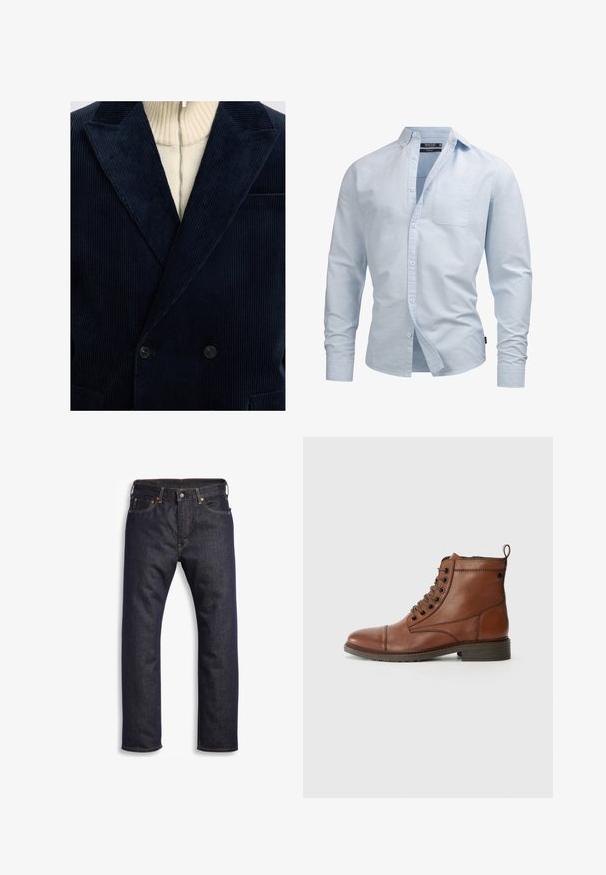 Mørkeblå kordfløjl dobbeltbrystet blazer med brede klapper, tekstureret stof og to sorte knapper. Hvid ribbet høj hals synlig under.; Lyseblå langærmet skjorte med knapper lavet af bomuld, med en brystlomme, krave og en let tætsiddende pasform.; Mørkeblå denimjeans med lige snit, fem-lomme design, metalbeslag og kontrasterende orange syninger. Glat tekstur, ingen synlige mønstre.; Jack & Jones Lace-up Lace-up - Snørestøvletter - cognac
