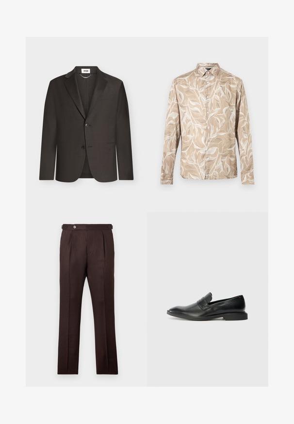 Blazer noir pour homme sur mesure avec revers crantés, deux boutons devant et une poche poitrine, présenté sur fond blanc.; Chemise beige à manches longues avec boutons sur le devant, motif de vigne feuillue blanche et col pointu.; Pantalons marron foncé sur mesure avec plis, fermeture à boutons, sangles de réglage latérales et coupe droite, sur un fond clair.; Mocassins en cuir noir avec une texture lisse, un nez pointu et un petit talon rectangulaire. Présente un détail de bande horizontale sur le dessus.