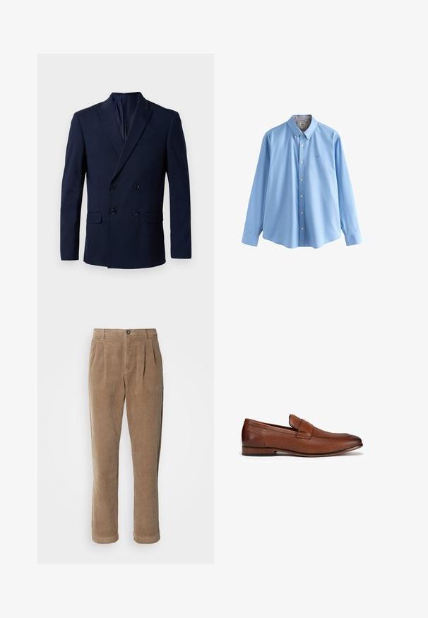 Blazer marinero de corte cruzado con dos botones negros, solapas con muesca y bolsillos dobles; hecho de tela suave, con ajuste entallado.; Camisa de botones azul claro hecha de algodón, con un cuello clásico, mangas largas y un patrón a cuadros en el interior del cuello.; Pantalones de pana marrones con un diseño de cintura alta, que presentan pliegues frontales, un cierre de botón y piernas rectas. Se puede ver la textura de la tela.; Mocasines de cuero marrón con un patrón tejido texturizado, puntera redondeada y una pequeña correa en la parte superior. Tacón plano para mayor comodidad.