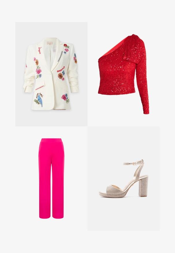 Hvid blazer med farverigt blomsterbroderi, blå fugl og franske ord som "bonjour", "amour" og "mon ami" på fronten og ærmerne.; Rød pailletbluse med en langærmet, en asymmetrisk halsudskæring og en tætsiddende silhuet. Teksturen er glitrende og reflekterende.; Lyserøde bredde benbukser med en glat tekstur og et høj talje-design. Fremstillet af letvægtsstof for komfort og bevægelsesfrihed.; Åben tå-sandal med høj hæl, ankelrem, blokhæl og glitrende rhinsten på en metalbase.