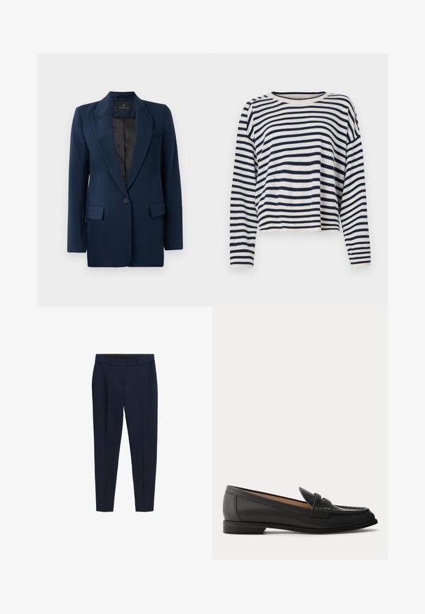 Marineblazer med enkelt knaplukning, jakkesætskrave, to forlommer og en glat tekstur. For i sort.; Langærmet sweater i bomuld med marineblå og cremefarvede vandrette striber, rund halsudskæring og cropped design med ribstrikkede detaljer.; Mørkeblå skræddersyede bukser med bæltestropper, sidelommer og en favoritfold fortil, designet til en tætsiddende pasform.; Sort dames loafer i læder med lav hæl, rundet tå og syninger på overdelen, vist fra siden på en ensfarvet baggrund.