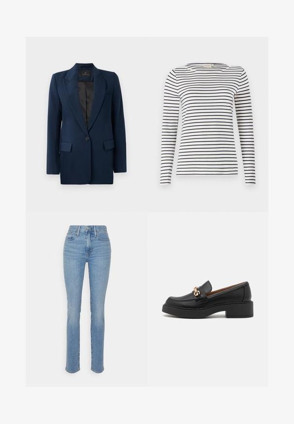Blazer bleu marine avec une fermeture à un bouton, revers crantés, deux poches avant et une texture lisse. Intérieur doublé en noir.; Chemise à manches longues rayée en tissu doux, avec des rayures horizontales bleu marine et blanches, un col rond et une coupe ajustée.; Jean en denim bleu clair avec une coupe droite, taille haute et design classique à cinq poches. Doté d'une fermeture éclair et d'un bouton à l'avant.; Mocassin en cuir noir avec une semelle plateforme épaisse, orné d'une chaîne métal doré et présentant des détails de couture visibles. Texture lisse et design élégant.