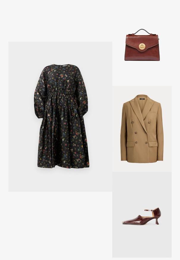 Dobbeltradet tan blazer med spidse revers, seks knapper, to klaplommer og en brystlomme med kant, skræddersyet pasform med lange ærmer.; Sort blomsterkjole med lange ærmer, indsnævret talje og lagdelt nederdel. Har et farverigt blomsterprint og en glat stoftekstur.; Bordeaux laklæder sko med spids tå, ankelrem og en 5 cm skrå hæl. Glat tekstur og minimalistisk design.; Brun læderhåndtaske med top håndtag og rundt guldlås med drejelås på frontklappen, sat mod en hvid baggrund.