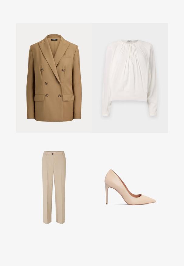 Blazer cruzado color tabaco con solapas puntiagudas, seis botones, dos bolsillos con solapa y un bolsillo en el pecho, corte ajustado con mangas largas.; Blusa blanca de manga larga con cuello redondo y delantero plisado. Tela suave y lisa con un corte holgado y detalle de botones en el cuello.; Modström GALE - Pantalones - powder sand; Zapato de tacón alto de cuero beige con punta afilada y textura suave. Presenta un tacón de aguja delgado y un diseño de escote bajo.