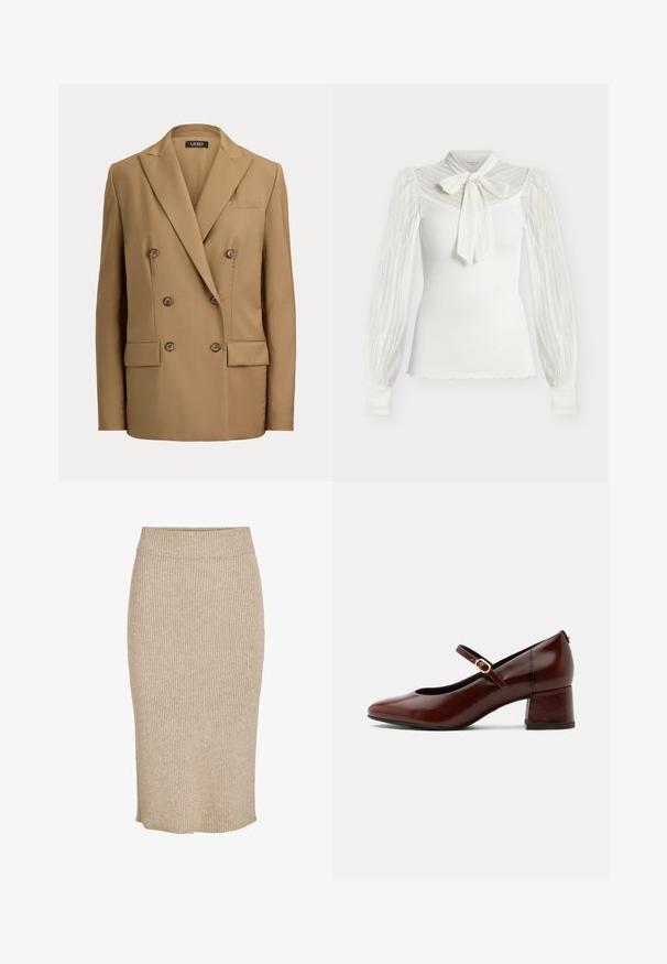 Blazer cruzado color tabaco con solapas puntiagudas, seis botones, dos bolsillos con solapa y un bolsillo en el pecho, corte ajustado con mangas largas.; Top blanco de manga larga acanalado con mangas de encaje, canesú de encaje y un gran lazo de encaje atado en el cuello.; Falda de punto en color beige claro con textura de canalé vertical, de longitud a la rodilla, con cintura elástica y corte recto.; Zapato Mary Jane de cuero marrón con tacón bajo y correa con hebilla dorada, vista lateral sobre fondo blanco.