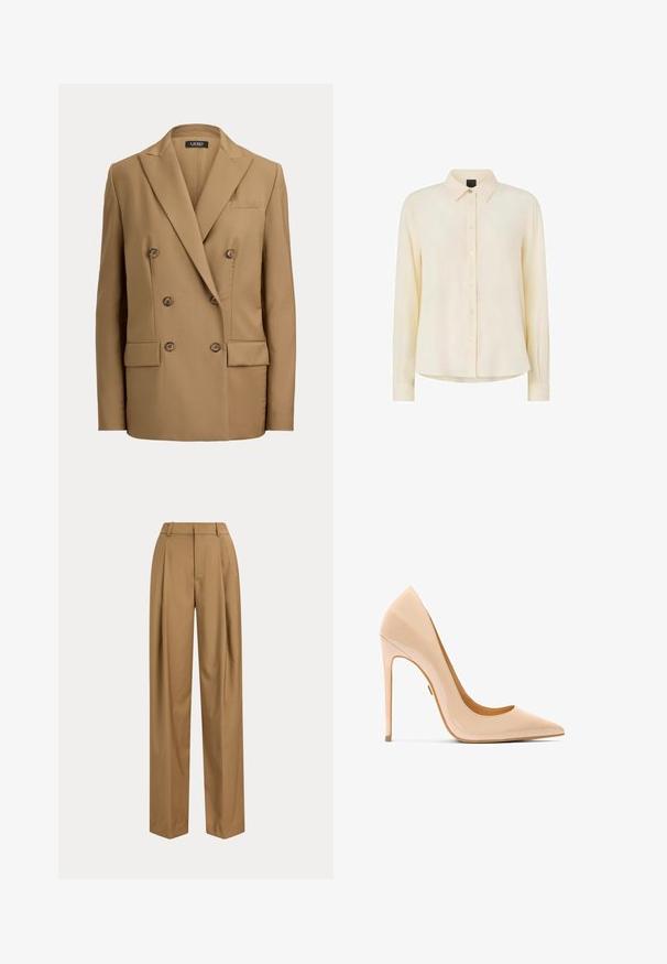 Blazer cruzado color tabaco con solapas puntiagudas, seis botones, dos bolsillos con solapa y un bolsillo en el pecho, corte ajustado con mangas largas.; Blusa cremosa de manga larga con cuello clásico, cierre frontal con botones y puños abotonados, mostrada sobre un fondo blanco.; Pantalones beige de talle alto y pierna ancha con trabillas y pliegues delanteros, mostrados sobre un fondo claro y liso.; Zapato de salón de charol color nude con punta en punta, silueta elegante y tacón de aguja, con una textura suave y brillante.