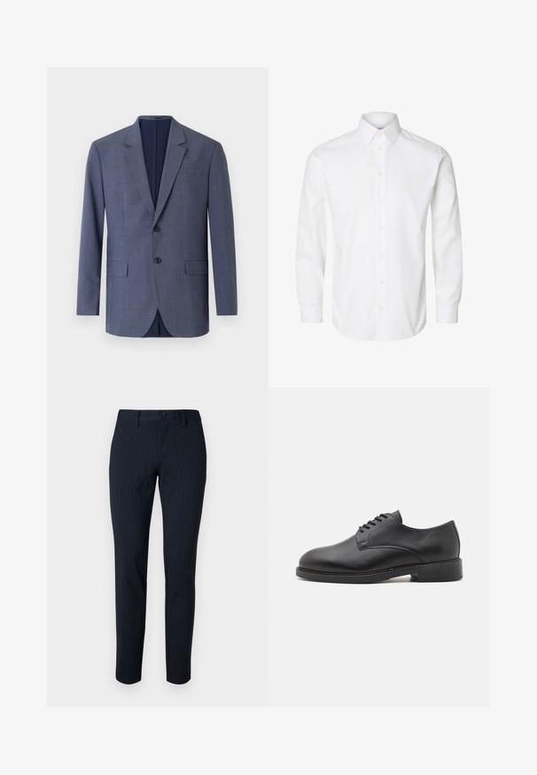 Blazer bleu marine en tissu texturé, présentant un motif à carreaux subtil, deux poches avant et deux boutons sur le devant.; Chemise blanche à manches longues avec boutons, col pointu, boutons visibles sur le devant et poignets fermés par des boutons.; Pantalon marine avec de fines rayures verticales, fabriqué en tissu lisse. Comprend une fermeture à bouton et une coupe ajustée avec des jambes droites.; Chaussure oxford en cuir noir avec un bout rond, présentant une finition lisse, un laçage à cinq œillets et un petit talon empilé.