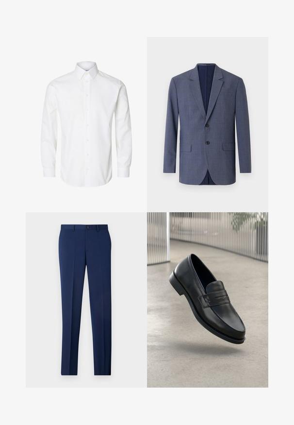 Blazer bleu marine en tissu texturé, présentant un motif à carreaux subtil, deux poches avant et deux boutons sur le devant.; Chemise blanche à manches longues avec boutons, col pointu, boutons visibles sur le devant et poignets fermés par des boutons.; Pantalons formels marine à coupe ajustée, design à plat sur le devant et texture lisse. Comprend une fermeture à bouton unique et des passants de ceinture.; Mocassin en cuir noir à texture lisse, bout pointu et bande décorative sur le cou-de-pied. Semelle légère, design minimaliste.