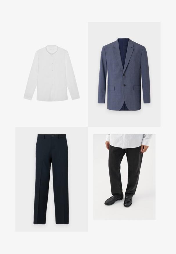 Blazer bleu marine en tissu texturé, présentant un motif à carreaux subtil, deux poches avant et deux boutons sur le devant.; Chemise blanche à manches longues avec col montant et une poche poitrine, posée à plat sur un fond uni.; Pantalon noir slim-fit avec fermeture par bouton et zip, passants pour ceinture et coupe droite.; Pantalons en denim noir associés à des mocassins noirs brillants. La chemise est blanche avec de fines rayures verticales, avec des manches longues et un col boutonné.