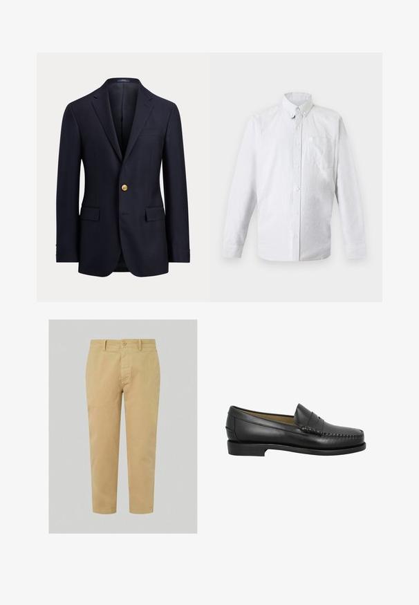 Marineblå herre blazer med hakrevers, enkelt guldknap lukning, klaplommer og brystlomme med kant.; Hvid langærmet skjorte med knapper, knaplukket krave og brystlomme, vist fladt på en lys baggrund.; Khaki chinos med lige ben, der har en frontknaplukning, bælteløb og glat bomuldsstof. Forkortet længde.; Sorte læder loafersko med en rund tå, dekorativ syning og en lav, flad sål. Glat tekstur, minimalistisk design uden udsmykninger.