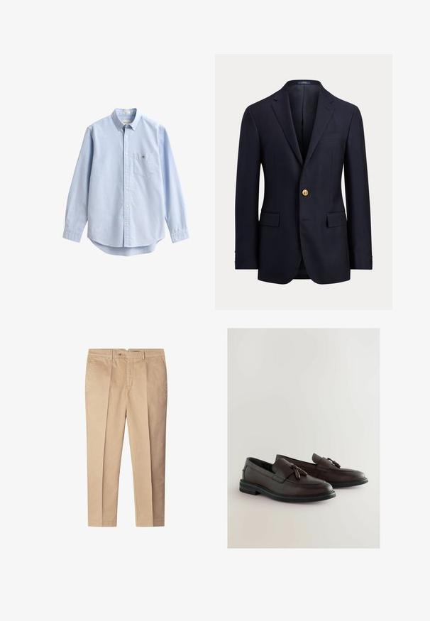 Marineblå herre blazer med hakrevers, enkelt guldknap lukning, klaplommer og brystlomme med kant.; Lyseblå bomuldsskjorte med knapper. Har en brystlomme, lange ærmer og en klassisk krave. Glat tekstur med afrundet kant.; Beige bomuldsbukser med en skræddersyet pasform, der har forkantspilser, sidelommer og en knaplukning. Glat tekstur, lige ben-design.; Brune læder loafers med en flad sort sål, der har en dekorativ frontrem og kvaster. Glat tekstur med subtile syningen detaljer.