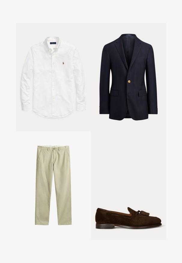 Marineblauer Herrenblazer mit Kerbkragen, einem goldenen Knopf, Pattentaschen und einer Brustleistentasche.; Weißes, langärmliges Hemd mit Knopfleiste und Kragen sowie kleinem, gesticktem Logo auf der linken Brust, flach auf einem einfarbigen Hintergrund liegend.; Beige Chinos mit geradem Bein, Gürtelschlaufen, vorderem Knopf- und Reißverschluss sowie Seitentaschen, flach auf weißem Hintergrund liegend.; Dunkelbrauner Wildleder-Herrenschuh mit Quasten und niedrigem, gestapeltem Absatz auf schlichtem hellem Hintergrund.