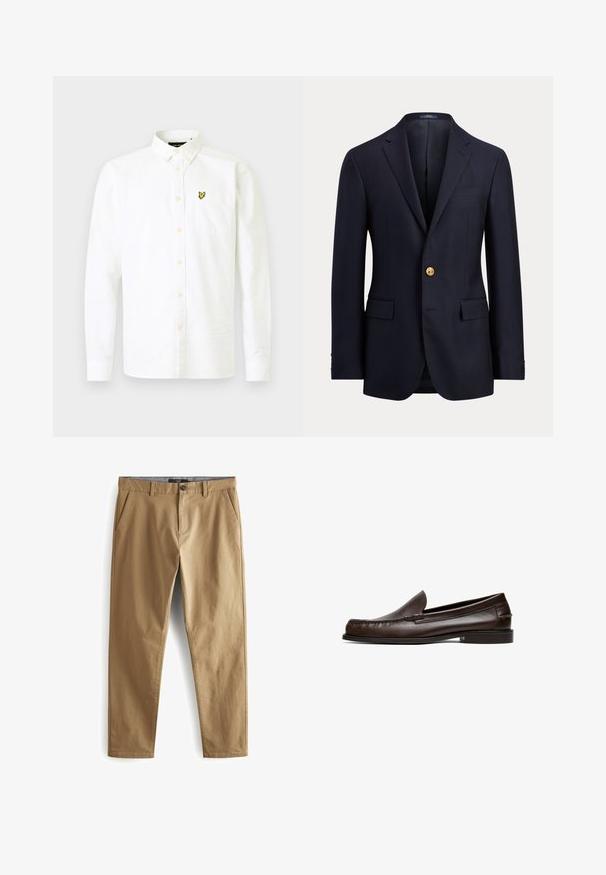 Marineblå herre blazer med hakrevers, enkelt guldknap lukning, klaplommer og brystlomme med kant.; Hvid langærmet skjorte lavet af bomuld med krave og knapper, der har en brystlomme og et lille gult logo på venstre side.; Next STRETCH - Bukser - dark sand; Mørkebrun læder slip-on loafer med lav hæl, rundet tå og syningsdetaljer langs fronten og siderne.