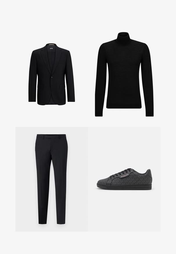 Zwarte op maat gemaakte blazer met een enkele knoopsluiting, gelapte revers, paspelzakken en een gladde, gestructureerde stof. De binnenkant is gevoerd.; Zwarte coltrui van zacht materiaal, met lange mouwen en een snug fit. Geribbelde afwerking aan de onderkant en mouwen. Eenvoudig ontwerp.; Zwarte op maat gemaakte broek met een slim fit, met een platte voorkant, riemlussen en geen zichtbare patronen of accenten. Glad textuur.; Zwarte sneakers met een textuur bovenwerk van stof met een subtiel MK-patroon, zwarte leren accenten en een zwarte rubberen zool.