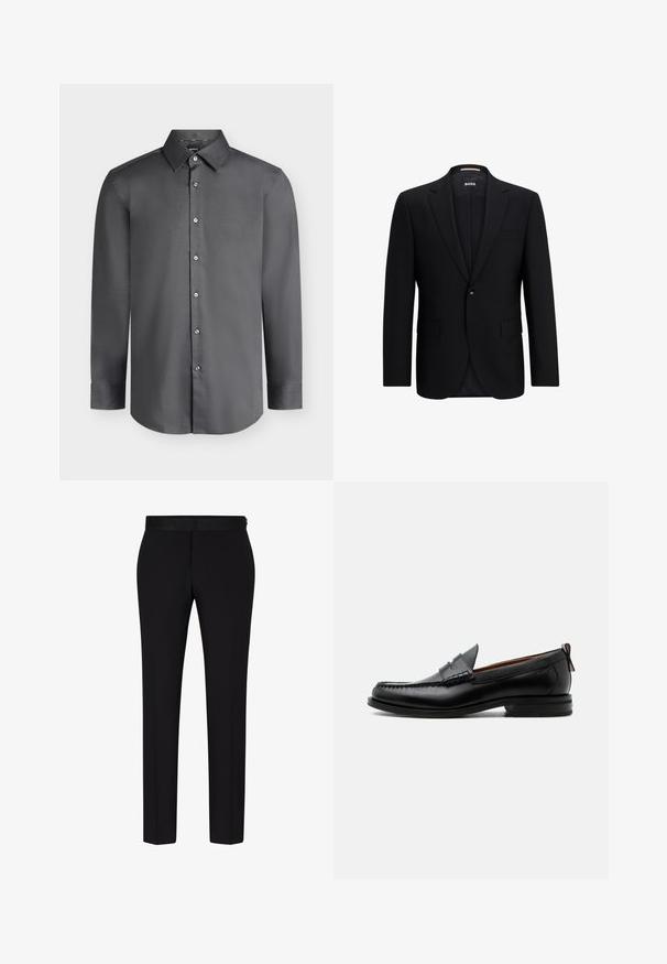 Zwarte op maat gemaakte blazer met een enkele knoopsluiting, gelapte revers, paspelzakken en een gladde, gestructureerde stof. De binnenkant is gevoerd.; Donkergrijs herenoverhemd met lange mouwen, puntkraag en knopen aan de voorkant, afgebeeld op een lichtgrijze achtergrond.; BOSS H GENIUS TUX 231 - Pantalon - black; Zwarte leren herensloffen met moc toe stiksel, pennyriem, gestructureerde kraag en lage gestapelde hak op witte achtergrond.