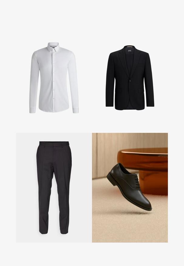 Veste noire sur mesure avec fermeture à un seul bouton, revers crantés, poches à rabat et un tissu lisse et structuré. L'intérieur est doublé.; Chemise blanche à manches longues en tissu lisse, dotée d'un col boutonné et d'une rangée de boutons sur le devant. Design uni.; Pantalons noirs sur mesure avec une coupe droite, présentant un devant plat, des passants de ceinture et une texture lisse. Pas de motifs ou d'accents visibles.; Chaussure de costume en cuir noir poli à lacets flottant au-dessus d’un tapis beige, avec une grande table ronde en verre de couleur ambre en arrière-plan.