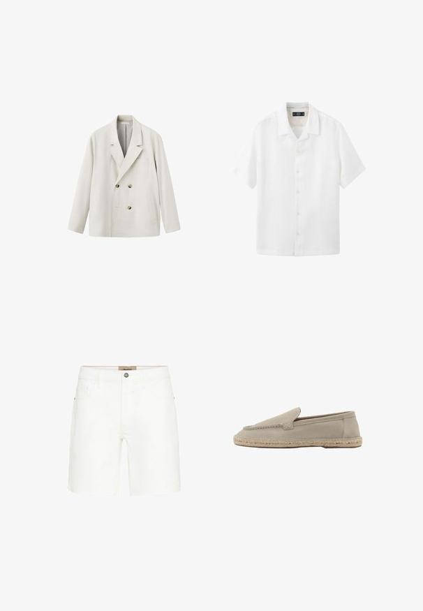Blazer croisé beige clair avec revers crantés, deux poches devant et boutons marron, présenté sur fond blanc.; Chemise blanche à manches courtes avec col, boutons sur le devant et coupe décontractée, présentée sur un fond blanc uni.; Shorts en denim blanc avec un design classique à cinq poches, fermeture à bouton en métal et détails de surpiqûres contrastants. Texture lisse et coupe droite.; Mocassin beige en daim à enfiler avec semelle en jute tressée, détails cousus le long des bordures supérieures, talon plat et bout rond.