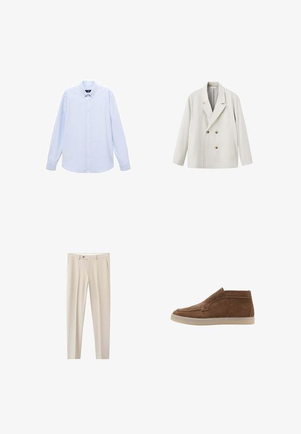 Lyse beige dobbeltradet blazer med klapkrave, to forlommer og brune knapper, vist mod en hvid baggrund.; Lyseblå langærmet skjorte med knapper og klassisk krave, lige bund og subtil tekstur. Har en central knaplukning.; Beige skræddersyede bukser med bæltestropper, knaplukning foran, sidelommer og et slim fit-design.; Brune ruskind ankelstøvler med en glat tekstur, rund tå og elastisk side. Lysfarvet gummisål og syninger.