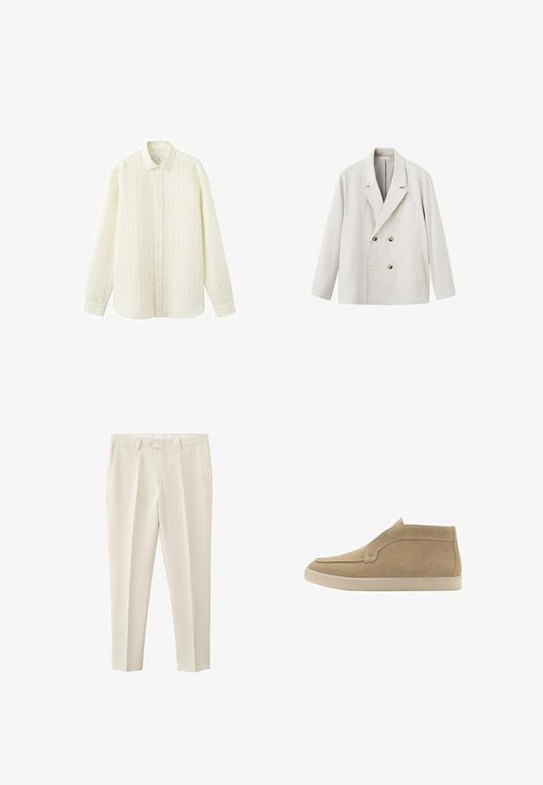 Blazer croisé beige clair avec revers crantés, deux poches devant et boutons marron, présenté sur fond blanc.; Chemise crème à manches longues avec fines rayures verticales, boutonnée à l'avant et col classique, présentée sur un fond blanc.; Pantalon beige sur mesure avec poches latérales, passants de ceinture, fermeture par bouton et pli frontal courant sur chaque jambe.; Chaussure décontractée montante en daim couleur tabac avec une semelle en caoutchouc beige et des détails de coutures minimales, vue de profil latéral.