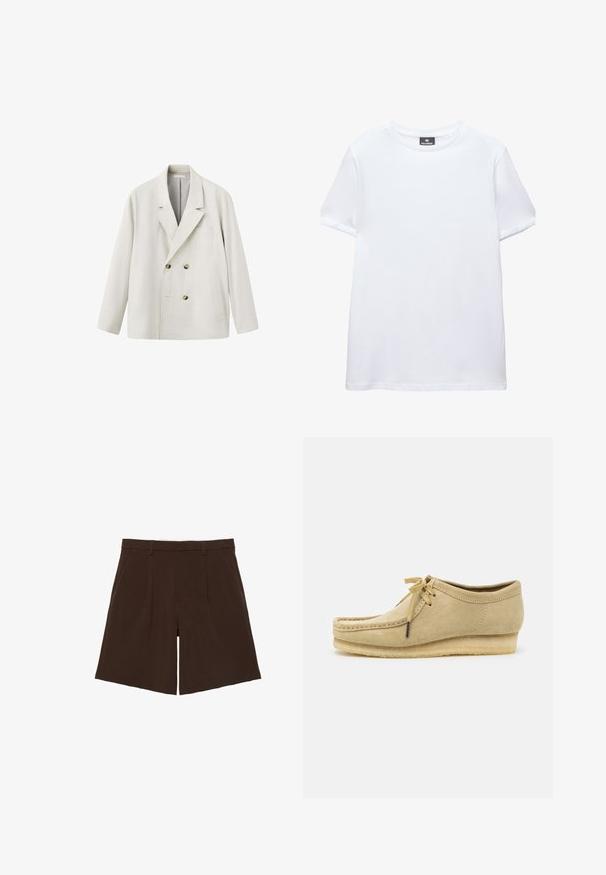 Blazer croisé beige clair avec revers crantés, deux poches devant et boutons marron, présenté sur fond blanc.; T-shirt blanc uni à manches courtes, col rond, avec une étiquette noire Pull&Bear à l'intérieur du col, présenté sur fond blanc.; Shorts marron foncé coupés au genou, cintrés avec passants de ceinture et plis sur le devant, présentés à plat sur fond blanc.; Chaussure en daim beige avec un design à lacets, des détails cousus et une semelle en caoutchouc. La forme est décontractée avec un léger talon compensé.