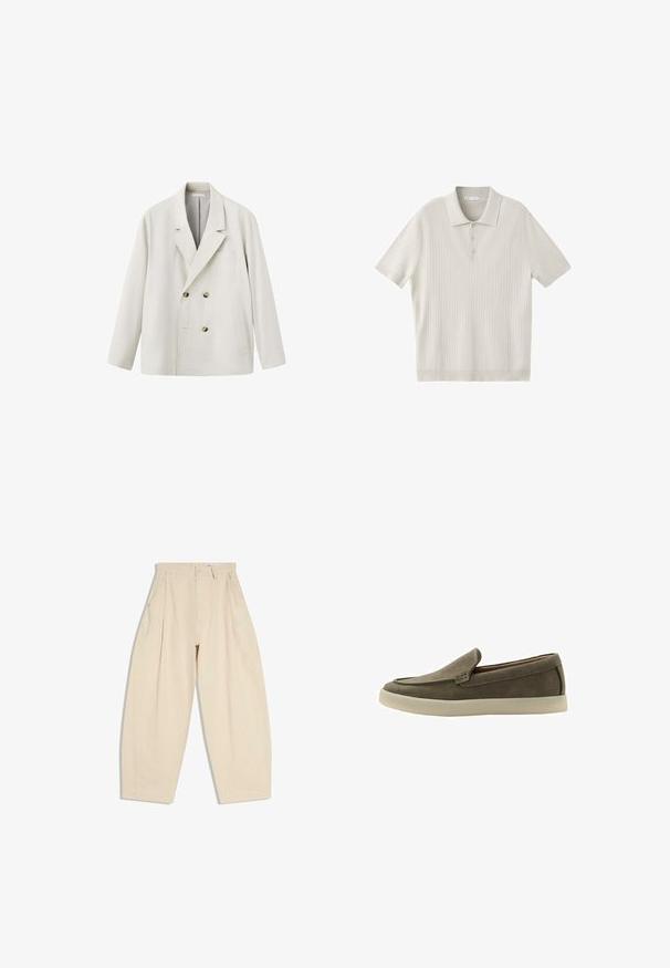 Blazer croisé beige clair avec revers crantés, deux poches devant et boutons marron, présenté sur fond blanc.; Polo en maille côtelée à manches courtes, beige clair, avec un col et trois boutons sur le devant.; Pantalon beige taille haute à jambes larges avec plis, poches latérales, passants pour ceinture et fermeture par bouton sur la ceinture avant.; Mocassin à enfiler en daim marron avec semelle en caoutchouc beige, bout arrondi et petit talon, présenté de profil sur fond blanc.