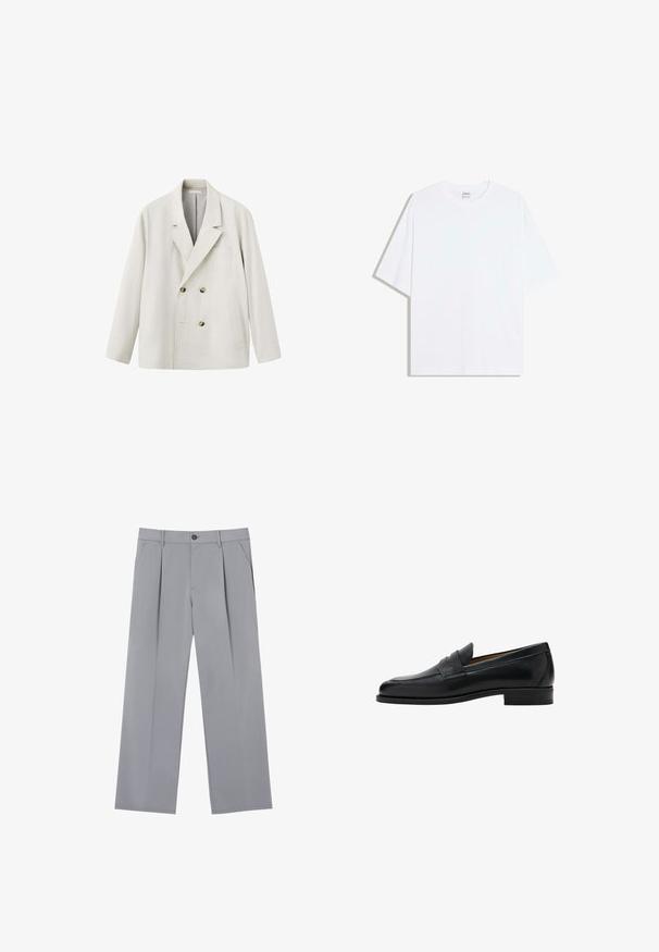 Blazer croisé beige clair avec revers crantés, deux poches devant et boutons marron, présenté sur fond blanc.; T-shirt oversize en coton blanc avec un col rond et des manches courtes ; texture lisse, sans motifs ni accents visibles.; Pantalons plissés gris à coupe décontractée, en tissu léger. Comprend des poches avant et une fermeture à bouton à la taille.; Mocassin penny en cuir noir avec talon bas, bout arrondi et une bride sur la partie supérieure de la chaussure.