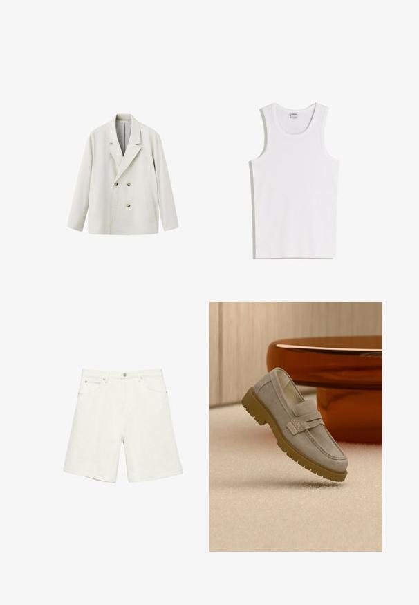 Blazer croisé beige clair avec revers crantés, deux poches devant et boutons marron, présenté sur fond blanc.; Débardeur blanc en coton avec un col rond et de larges bretelles. Texture lisse, sans motifs ni accents, design simple.; Short en denim blanc avec bouton et fermeture éclair à l'avant, deux poches avant et deux poches arrière, avec détails à rivets sur les poches.; Mocassin en daim gris clair avec une semelle en caoutchouc marron épaisse, posé sur un tapis beige devant une table ronde marron floue.
