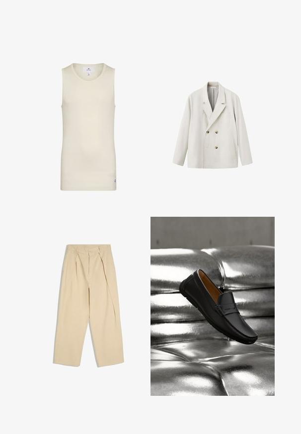 Lyse beige dobbeltradet blazer med klapkrave, to forlommer og brune knapper, vist mod en hvid baggrund.; Lys beige sansærmet top lavet af ribbet stof med rund halsudskæring og et lille label ved kanten. Enkel og tætsiddende design.; Beige bukser med høj talje, plisseringer foran, knap- og lynlås lukning og brede, lige ben.; Sort læderloafer, der svæver over en skinnende sølvfarvet tuftet lædersofa med blød belysning.