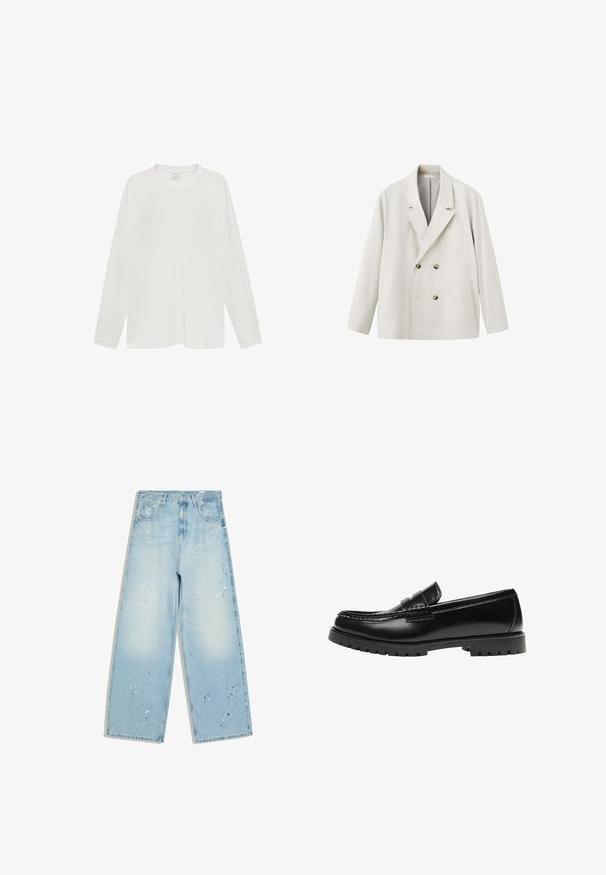 Lichtbeige dubbelgeknoopte blazer met inkeping revers, twee voorzakken en bruine knopen, afgebeeld tegen een witte achtergrond.; Witte longsleeve t-shirt, gemaakt van zachte stof, ronde halslijn, ontspannen pasvorm, minimalistisch ontwerp, geen zichtbare logo's of patronen.; Lichtblauwe jeans met wijde pijpen, verfspetters, knoop aan de voorkant en zakken, plat liggend op een witte achtergrond.; Zwarte leren loafer met een dikke rubberen zool en klassieke penny-strap details, gezien vanaf de buitenkant.