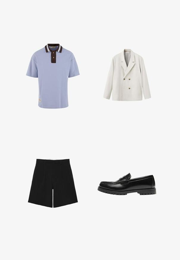 Blazer croisé beige clair avec revers crantés, deux poches devant et boutons marron, présenté sur fond blanc.; Polo bleu clair avec un col côtelé marron comportant des rayures blanches, deux boutons marron et un petit logo sur l'ourlet avant.; Short noir sur mesure avec passants de ceinture, plis devant et poches latérales, posé à plat sur un fond blanc.; Mocassin en cuir noir avec une semelle en caoutchouc épaisse et un détail classique de bride à monnaie, vu de côté extérieur.