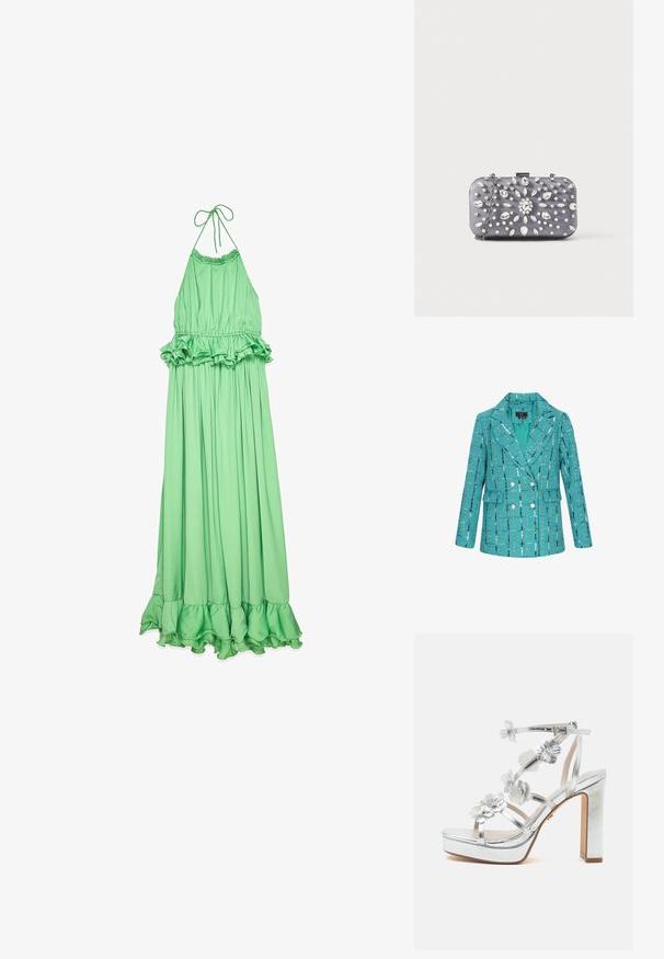 Veste double boutonnage turquoise au tissage texturé, avec un motif à carreaux en accents bleus et argentés, des revers crantés et des poches latérales.; Robe maxi halter verte en tissu lisse, avec une taille et un ourlet volants, et une silhouette plissée et fluide.; Sandale argentée à talons hauts avec semelle plateforme, bride à la cheville, multiples décorations florales sur les brides, et talon bloc.; Petit sac pochette rectangulaire gris foncé orné de strass clairs disposés en motif rayonnant, avec une bandoulière chaîne argentée.