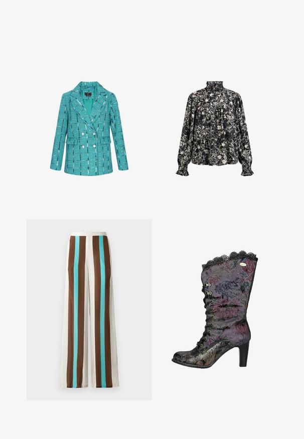 Turkoois dubbelzijdig jasje met een gestructureerde weving, voorzien van een geruit patroon met blauwe en zilveren accenten, met uitgesneden revers en zijzakken.; Zwarte en crèmekleurige bloempatronen blouse met een hoge, gerimpelde kraag, lange mouwen en gatheringmanchetten. Gemaakt van lichtgewicht stof.; Wijd uitlopende broeken met verticale strepen in bruin, roomkleur en turkoois. Gemaakt van lichte stof met een gladde textuur en een elastische tailleband.; Paarse hoge hakken laars met een bloemenpatroon en kantafwerking, van fluwelen materiaal en metallic accenten. Heeft een vetersluiting aan de voorkant en een textuurontwerp.