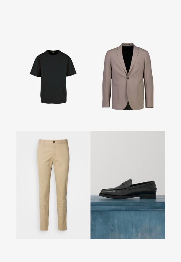 Beige blazer med en enkelt knap, hakkrave og to forlommer. Har en glat tekstur og en sort indvendig foring.; Sort bomulds T-shirt med rund hals og korte ærmer; har en afslappet pasform og en glat, struktureret overflade.; Beige chinos med knappelukning, slim fit og glat bomuldsstof. Har syningsdetaljer og standard fem-lomme design.; Sorte læderloafers med et slankt design, der har syning ved tåen og en glat finish. Skoen har en lav hæl og minimal udsmykning.