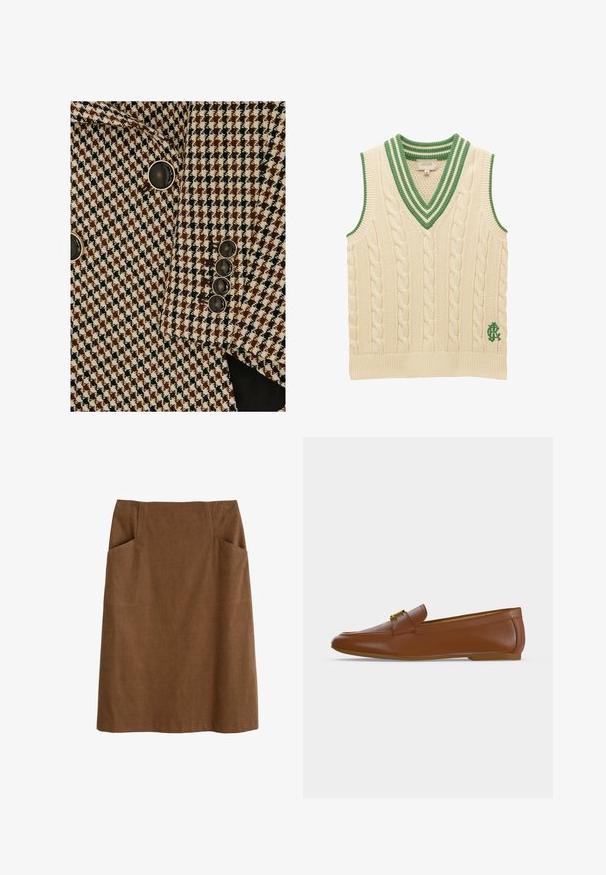 Brauner, schwarzer und weißer Blazer mit Hahnentrittmuster und schwarzen Knöpfen, die an Ärmel und Vorderseite mit Silber eingefasst sind.; Cremefarbene ärmellose Strickweste mit grün gestreiftem V-Ausschnitt und einem grün bestickten Logo nahe dem Saum.; Brauer Baumwollrock mit tailliertem Bund, zwei seitlichen Taschen und geradem Schnitt. Der Stoff hat eine weiche Textur und einen subtilen Glanz.; Brauner Lederloafer mit goldener Schnalle und niedrigem flachem Absatz, seitlich auf hellem einfarbigem Hintergrund gezeigt.