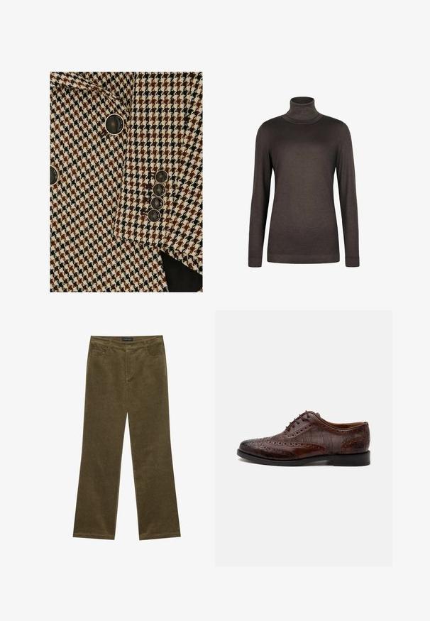 Brun, sort og hvid blazer med hundetandmønster og sorte knapper med sølvkant på ærmet og foran.; Brun turtleneck sweater lavet af blødt stof. Har lange ærmer og et tætsiddende design. Glat tekstur med ribbet hals og kant.; Olivengrønne fløjl bukser med flared ben, fem lommer, synlig syning og knaplukning i taljen for en sikker pasform.; Brun læder herre wingtip selskabssko med brogue-detaljer og ternede stofsider, vist fra siden på en hvid baggrund.