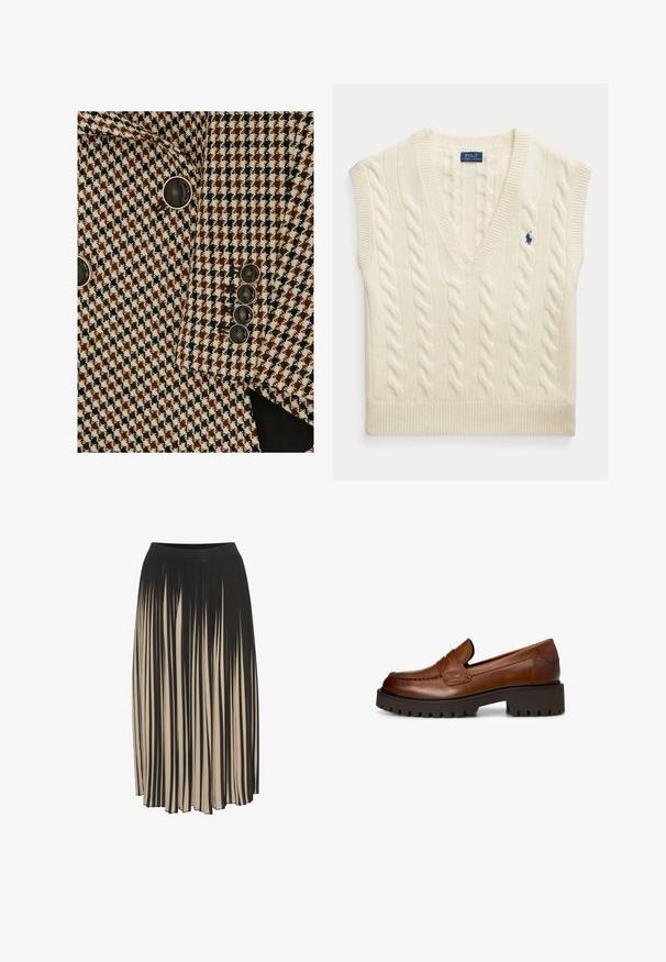 Bruine, zwarte en witte blazer met houndstooth-patroon en zwarte knopen met een zilveren rand aan mouw en voorkant.; Mouwloos kabelgebreid truitje in crèmekleur met V-hals en klein donkerblauw Polo Ralph Lauren-logo op de borst.; Plissé midi rok in zwart en beige met een hoge elastische tailleband, voorzien van verticale strepen en een vloeiende stijl voor beweging.; Bruine leren loafer met dikke zwarte profielzool en lage blokhak, getoond vanaf de zijkant op een witte achtergrond.