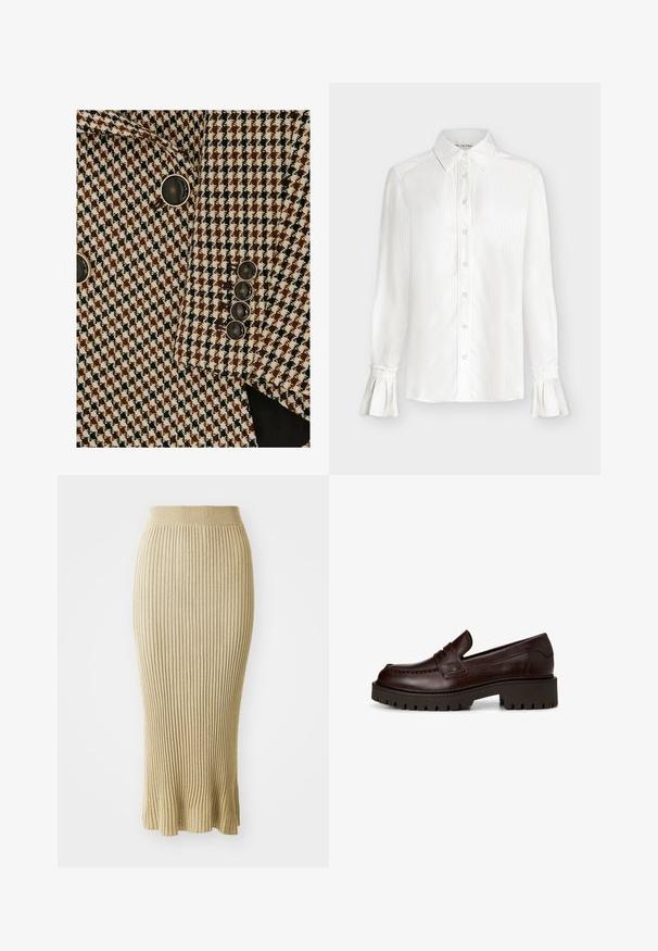 Bruine, zwarte en witte blazer met houndstooth-patroon en zwarte knopen met een zilveren rand aan mouw en voorkant.; Witte blouse met lange mouwen, knoopsluiting aan de voorkant, puntige kraag, subtiele verticale strepen en wijde manchetten met rucherand.; Gebreide potloodrok in lichtbeige, met verticale ribbels, een aansluitende taille en een uitlopende zoom met subtiele afwerkingen aan de onderkant.; Donkerbruine leren loafer met dikke geribbelde zool en lage blokhak, instapmodel met gestikte naden en band over de wreef.