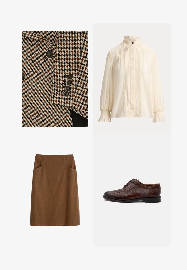 Brun, sort og hvid blazer med hundetandmønster og sorte knapper med sølvkant på ærmet og foran.; Langærmet bluse i cremefarve med flæsekant ved krave og manchetter, knaplukning foran, lodrette folder og blondekantdetaljer.; Brun bomuldsnederdel med en tætsiddende talje, to sidelommer og lige snit. Stoffet har en blød tekstur og en subtil glans.; Brun læder herre wingtip selskabssko med brogue-detaljer og ternede stofsider, vist fra siden på en hvid baggrund.