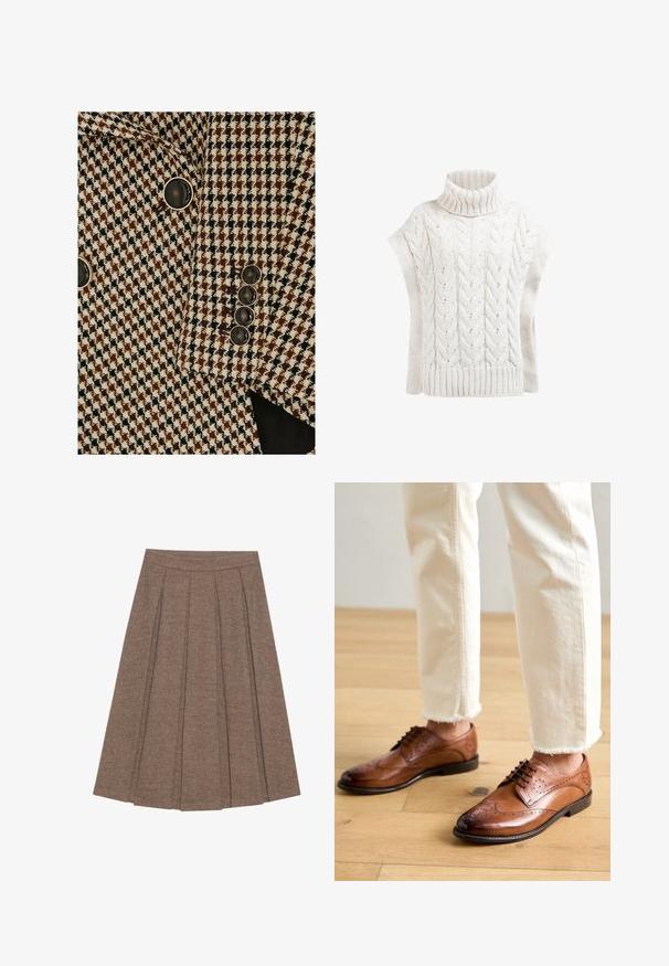 Veste à motif pied-de-poule marron, noir et blanc avec des boutons noirs bordés d'argent sur la manche et le devant.; Pull en maille torsadée, col roulé, en crème avec des manches courtes et un ourlet côtelé. Présente un motif texturé et des détails en points ouverts.; Jupe plissée en tissu marron à motif en chevrons, dotée d'une taille ajustée et d'une silhouette évasée, offrant une texture et un design structurés.; Chaussures brogues en cuir marron avec des détails perforés, bout arrondi et finition lisse, associées à un pantalon crème à ourlet effiloché.
