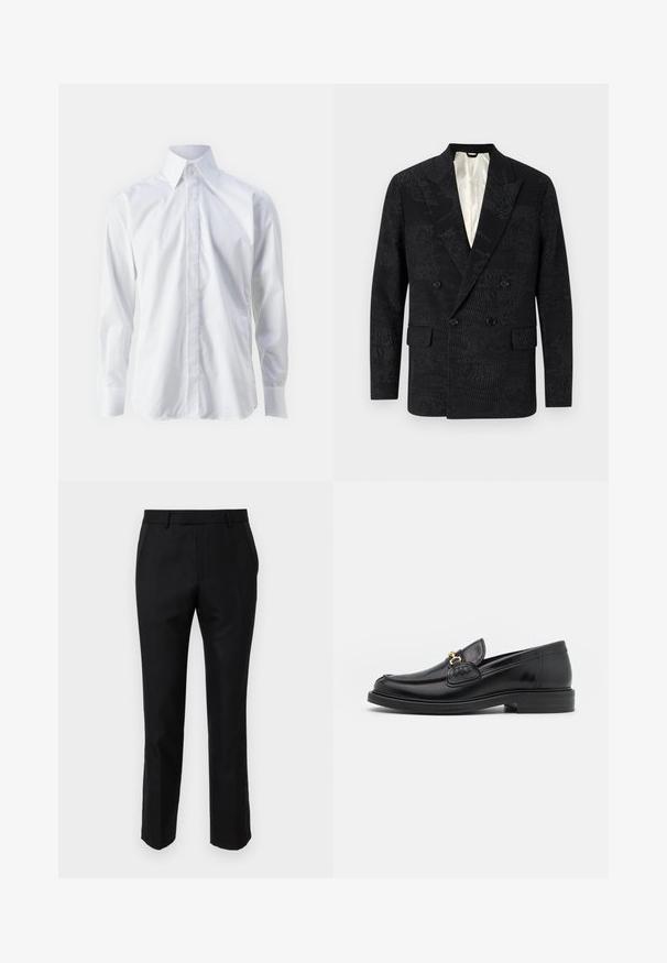 Sort dobbeltradet blazer med tekstureret stof og diskrete mønstre, skrå kraver og to forlommer. Foret indvendig.; Hvid langærmet skjorte lavet af glat stof, med klassisk krave, knaplukning og en diskret broderet logo nederst til venstre.; Sorte skræddersyede bukser med en slim fit, der har sidelommer og en glat tekstur. Kanten er afsluttet med en ren søm.; Sorte læder loafers med en rund tå, der har guld hardware accent og syningsdetaljer, placeret på en lav, tekstureret gummisål.