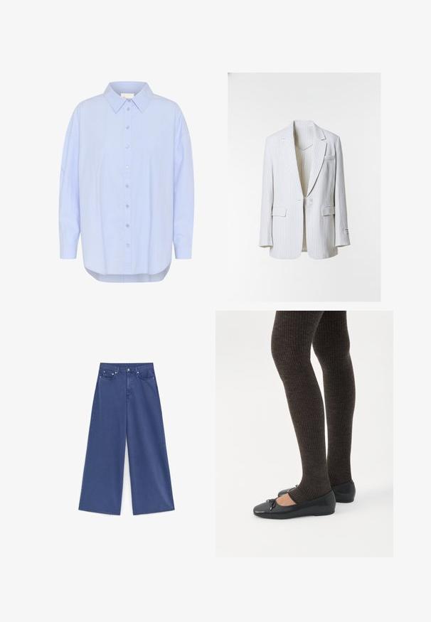 Weißer Blazer mit Nadelstreifen, mit Reverskragen, Ein-Knopf-Verschluss, vier Taschen und einem gefütterten Innenfutter mit Struktur.; Helles blaues, knopfbares Hemd mit spitzem Kragen, langen Ärmeln und abgerundetem Saum. Glatte Textur mit sichtbaren Knopfdetails.; Hoch taillierte Jeans mit weitem Bein aus einfarbigem blauem Denim, ausgestattet mit vorderen Taschen, Gürtelschlaufen und Knopfverschluss.; Beine in dunklen, gerippten Leggings kombiniert mit schwarzen Ballerinas mit kleinen Schleifendetails auf weißem Hintergrund.