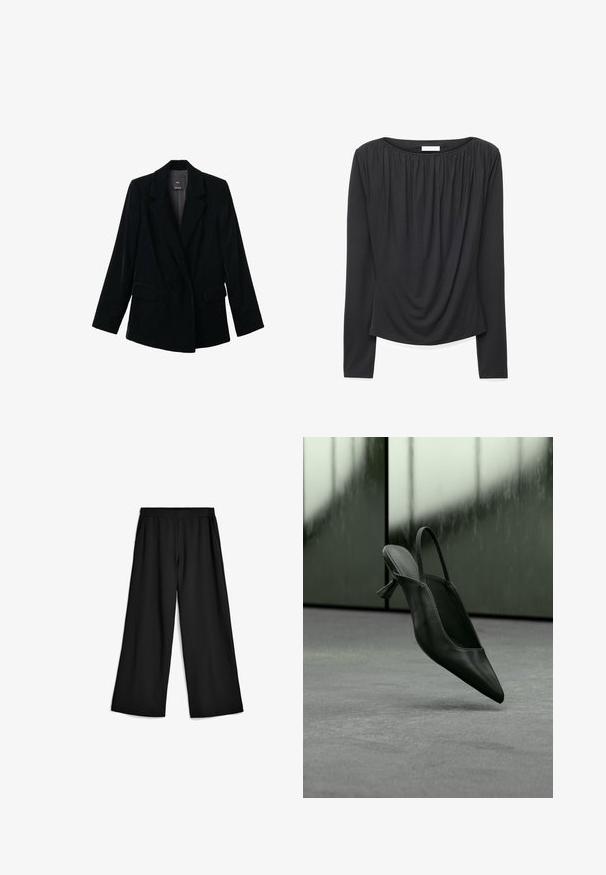 Schwarzer Samt-Ein-Knopf-Blazer mit Reverskragen, zwei vorderen Klapptaschen und langen Ärmeln, auf einem weißen Hintergrund präsentiert.; Schwarze Langarmbluse mit gerafftem Ausschnitt und weichem Drapé an der Vorderseite, entworfen für eine figurbetonte Silhouette.; Schwarze, weit geschnittene Hose aus weichem, dehnbarem Stoff. Elastischer Bund mit Taschen an den Seiten. Klare Linien und glatte Oberfläche.; Schwarzer Slingback-Highheel aus Leder mit spitzer Schuhspitze, schwebt über grauem Teppichboden, unscharfer grünlicher Wandhintergrund.