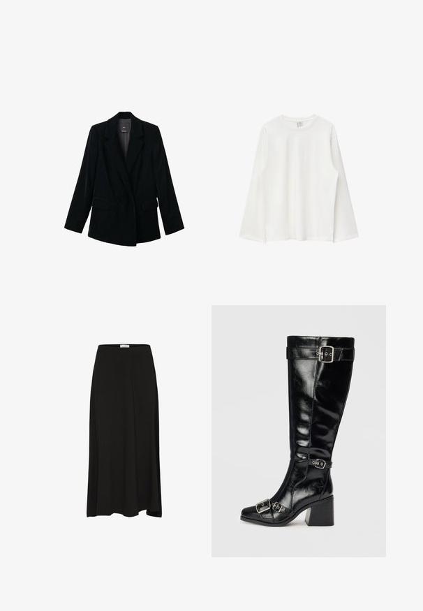 Sorte fløjl single-button blazer med notched lapels, to frontlommer med klap og lange ærmer, præsenteret på en hvid baggrund.; Hvid, ensfarvet, langærmet T-shirt med rund hals i blødt stof, vist fladt uden mønstre eller logoer.; Sort, knælang nederdel lavet af blødt stof med en glat tekstur, der har en elastisk talje og en flydende silhuet.; Sorte læderknæhøje støvler med en blank finish. Har sølvspænder og remme, en spids tå og en chunky, tekstureret hæl.