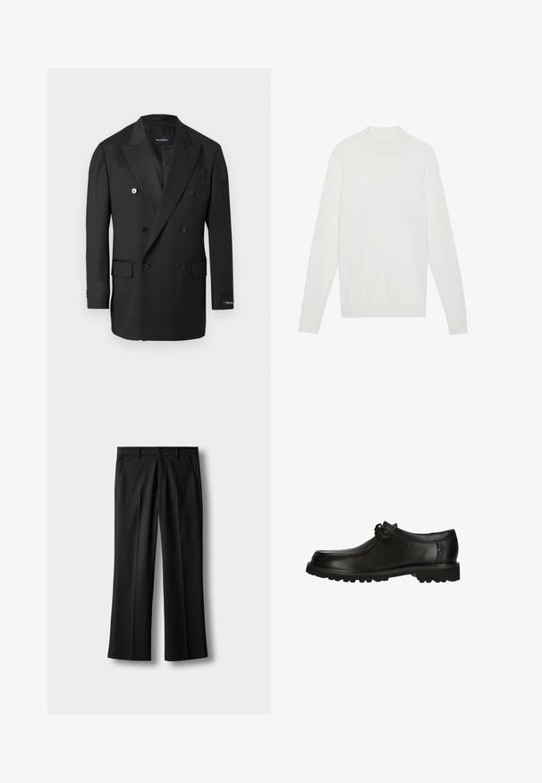 Sort dobbeltradet blazer med hakkede revers, seks knapper, lommer med klap og et mærke på venstre ærmekant.; Hvid pullover sweater med høj halsudskæring, lange ærmer og ribbede manchetter og kant. Fremstillet af et blødt strikket stof. Simpelt og tætsiddende design.; Sorte skræddersyede bukser med bæltestropper, forreste knap- og lynlåsbeslag, sidelommer og presninger ned langs benene på en lys baggrund.; Sorte lædersko med rund tå, snøredetaljer og en tekstureret sål med godt greb. Den glatte finish forbedrer det samlede design.