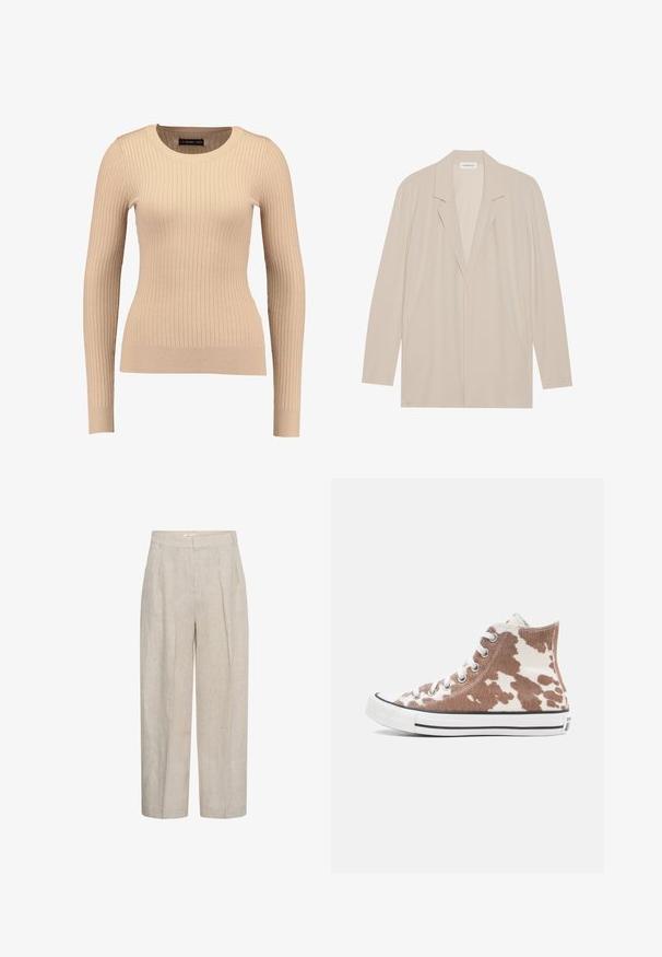 Beige blazer met een open voorkant van lichtgewicht stof. Kenmerken zijn lange mouwen, gelapte revers en zijzakken. Soepele textuur, minimalistisch ontwerp.; Geribbelde lange mouwen trui in lichtbeige, gemaakt van rekbaar materiaal. Kenmerkt zich door een ronde halslijn en een getailleerde pasvorm met gebande mouwen.; Beige high-waist wijde broek met plooien aan de voorkant en riemlussen, gemaakt van een gestructureerde linnenstof.; Hoge sneakers met een bruine en witte koeienhuidprint, witte rubberen zool, metalen oogjes en klassieke zwarte streepaccenten.